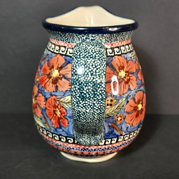 Polish Pottery UNIKAT Jungle Flower Small Stoneware Pitcher w Floral Design 6" - Picture 3 of 9